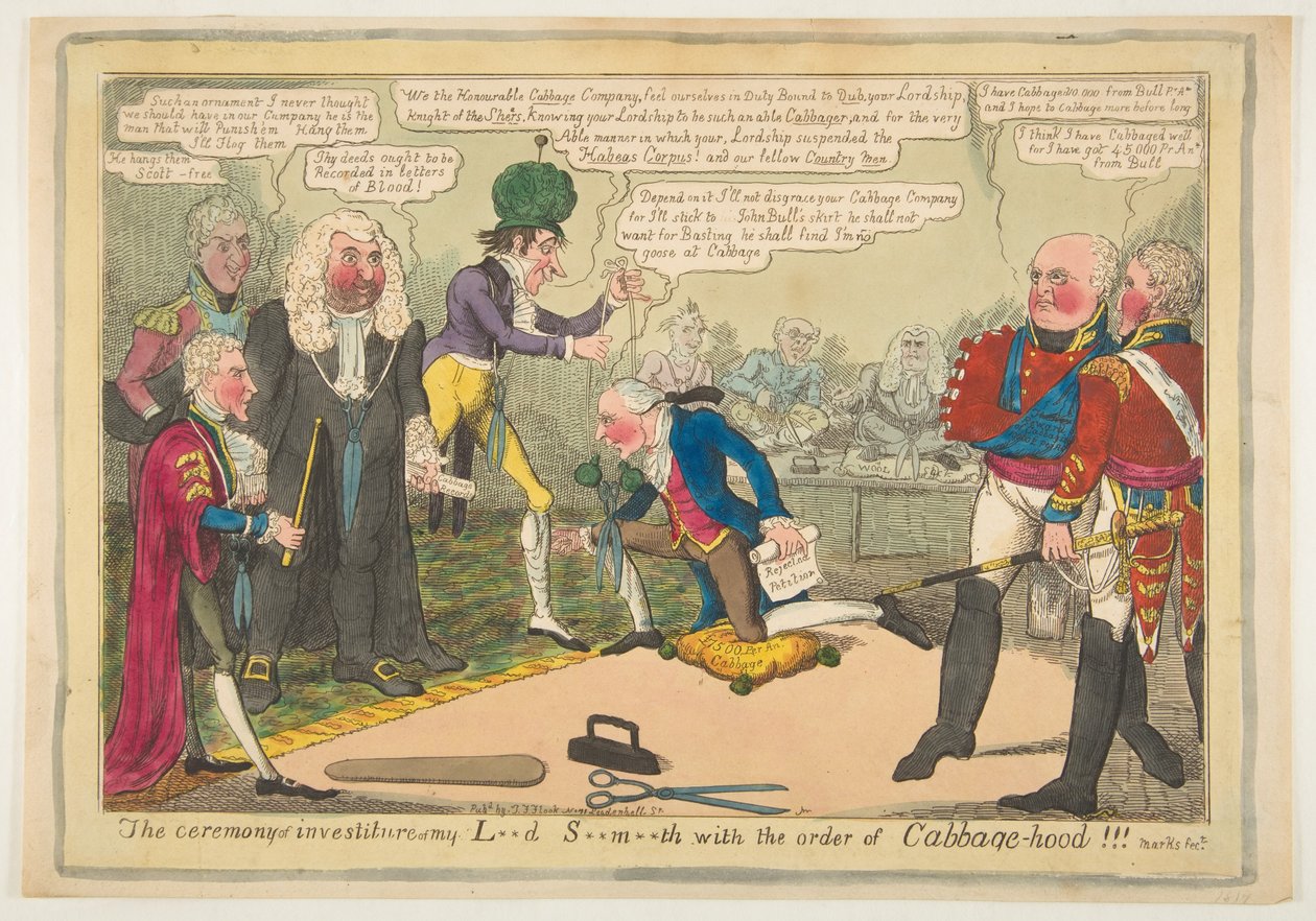 The Ceremony of Investiture of My L**d S**m**th med Order of Cabbage-hood, ca. juni 1819. av JL Marks