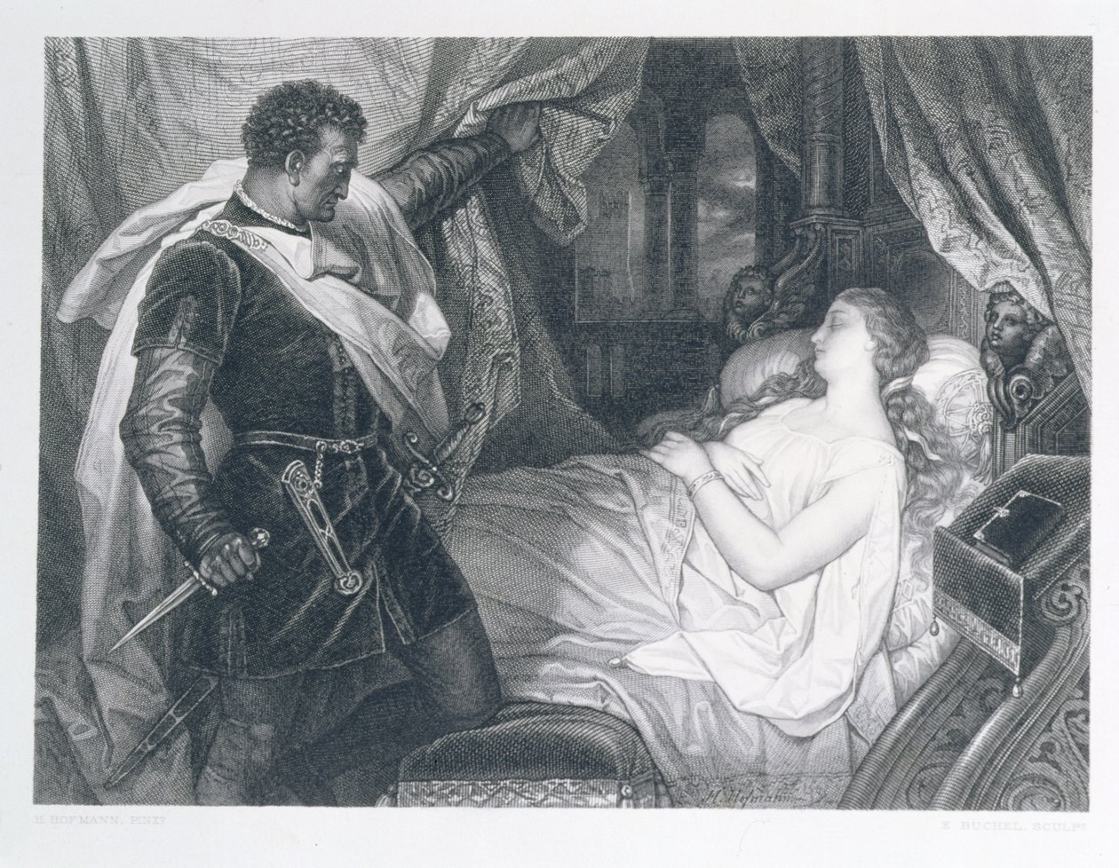 Othello och Desdemonda, graverad av Eduard Buchel (1835-1903) av J.M.F. Heinrich