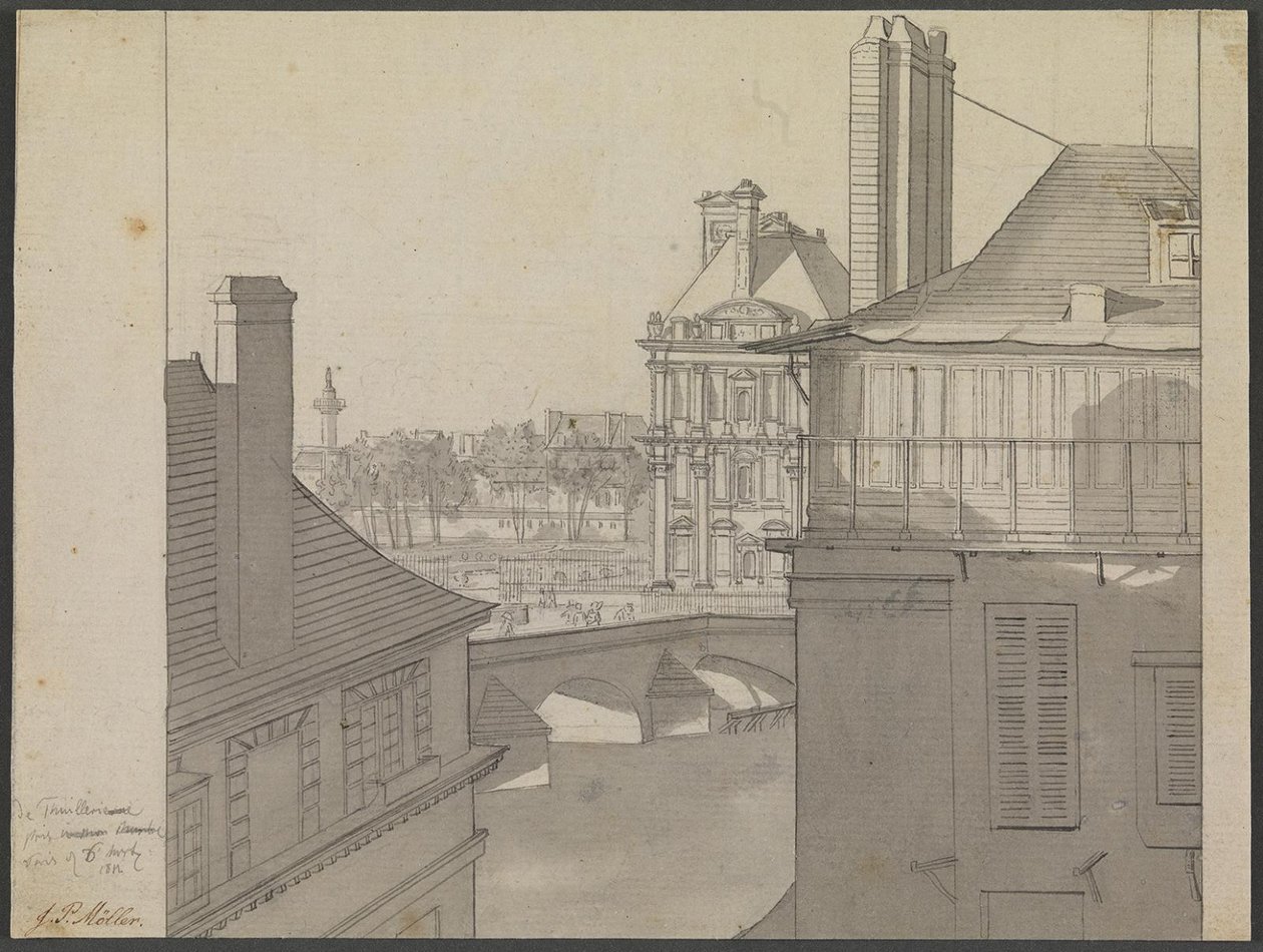 Utsikt från J.P. Møllers lägenhet på Hotel d’Irlande, Rue de Beaune nr. 3, över Seine mot Tuilerierna och Rue de Rivoli, 6 mars 1812 av J.P. Møller