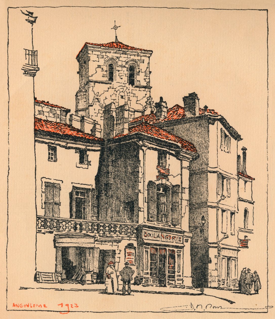 Place du Murier, med tornet av kyrkan St Andre, i Angouleme, Frankrike, 1924 av JR Rowe