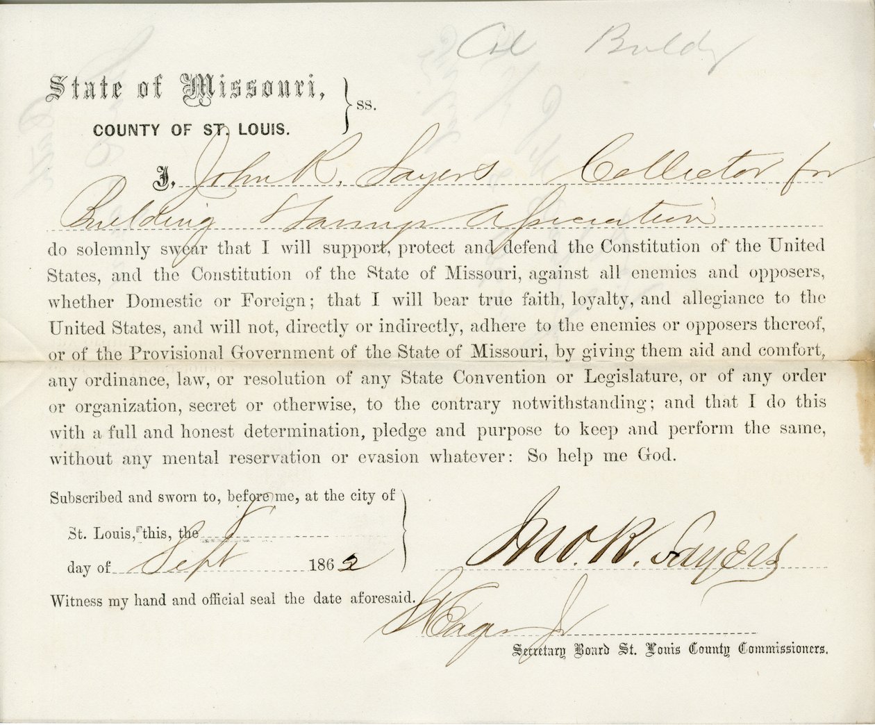 Loyalty oath of John R. Sayers of Missouri, County of St. Louis av J.R. Sayers