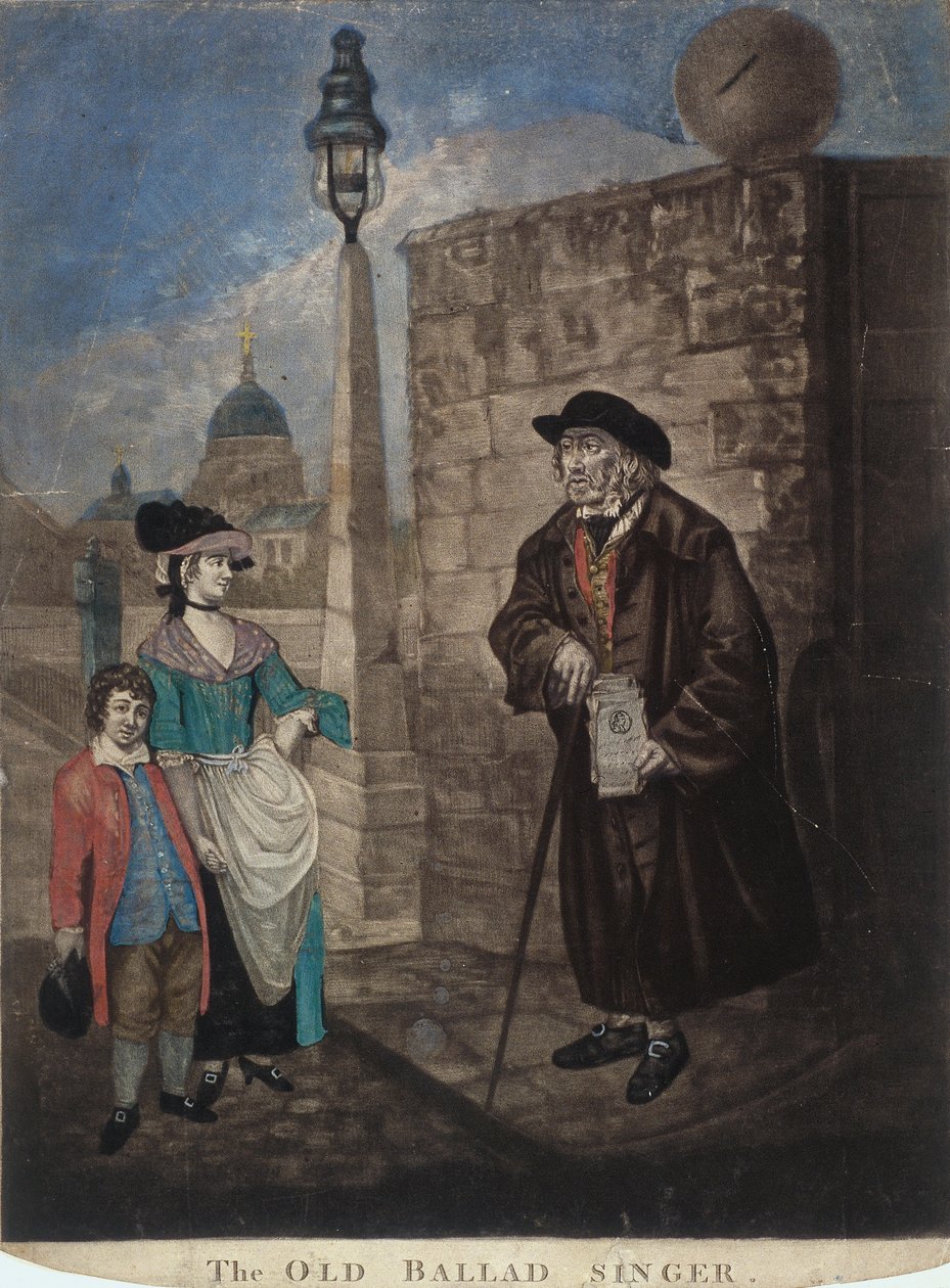 Gammal balladsångare stående i ett gathörn, c1780 av JR Smith