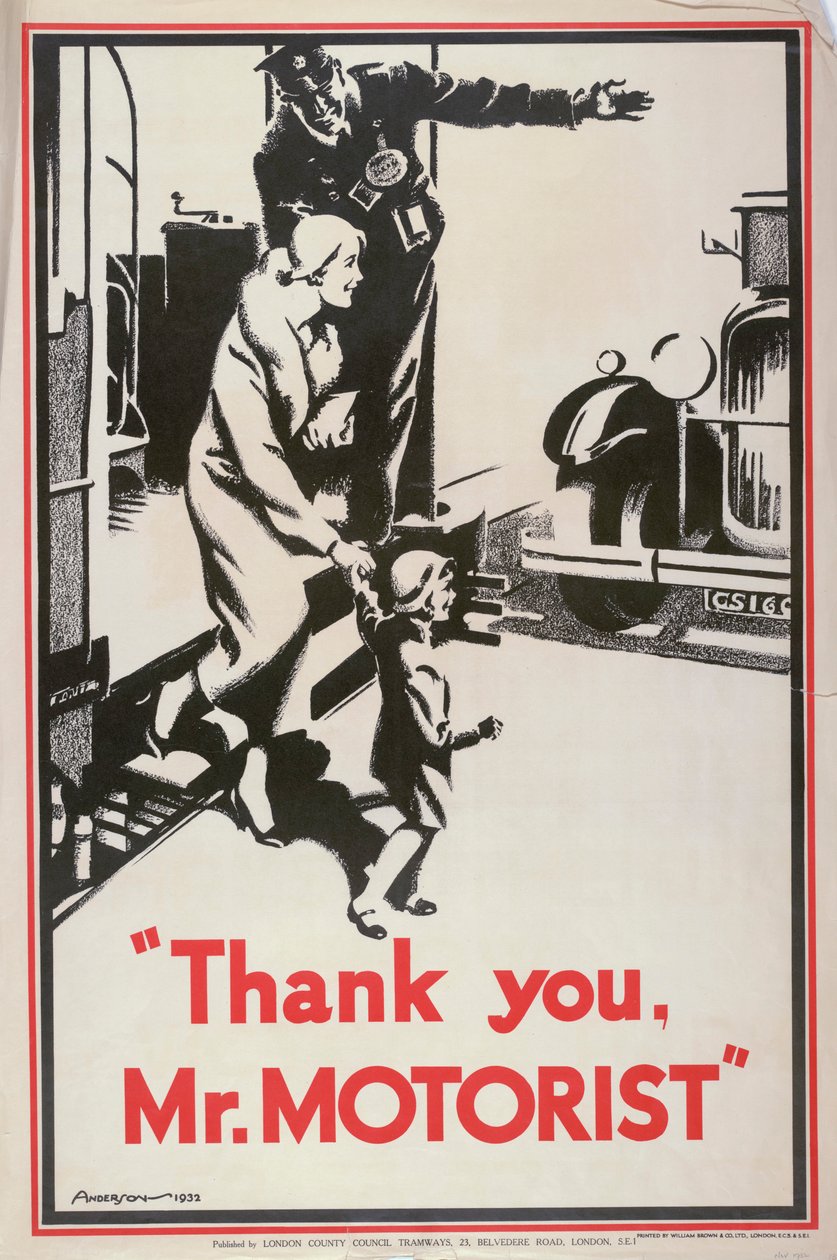 "Thank You Mr Motorist", London County Council LCC Tramways affisch, 1932 av JS Anderson