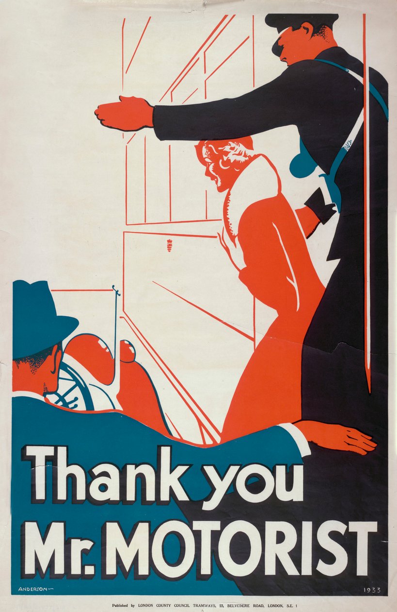 "Thank You Mr Motorist", London County Council LCC Tramways affisch, 1933 av JS Anderson