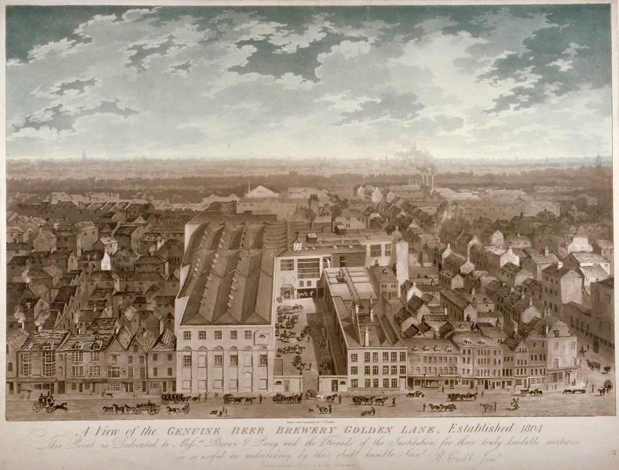 Flygfoto över Genuine Beer Brewery, Golden Lane, City of London, 1807 av JS Barth