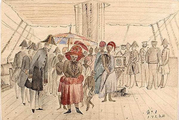 Västafrikanska hövdingar ombord på ett örlogsfartyg, ca 1850 (akvarell och penna på papper) av J.T.C. Webb
