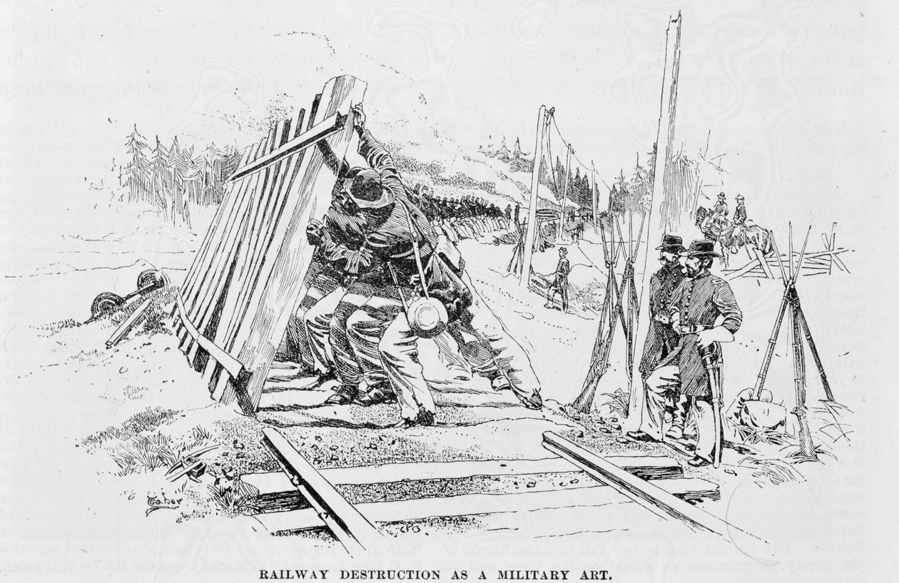 Järnvägsförstörelse som en militär konst, illustration från "Battles and Leaders of the Civil War", redigerad av Robert Underwood Johnson och Clarence Clough Buel rail; spår; demontering; arbete av W. Taber