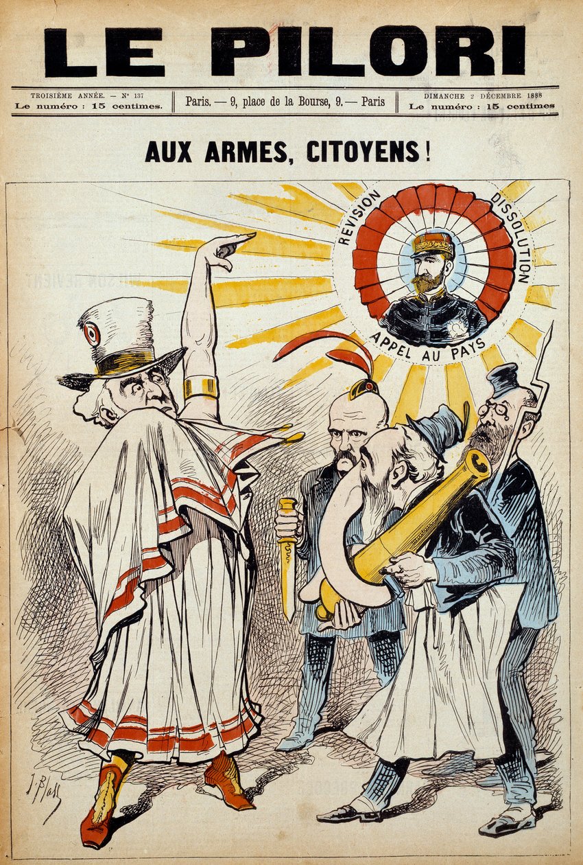 En av tidningen "" pelaren"": "" till medborgarnas vapen! "" den 2 december 1888 under en demonstration mot general Boulanger. Illustration av J. Blass