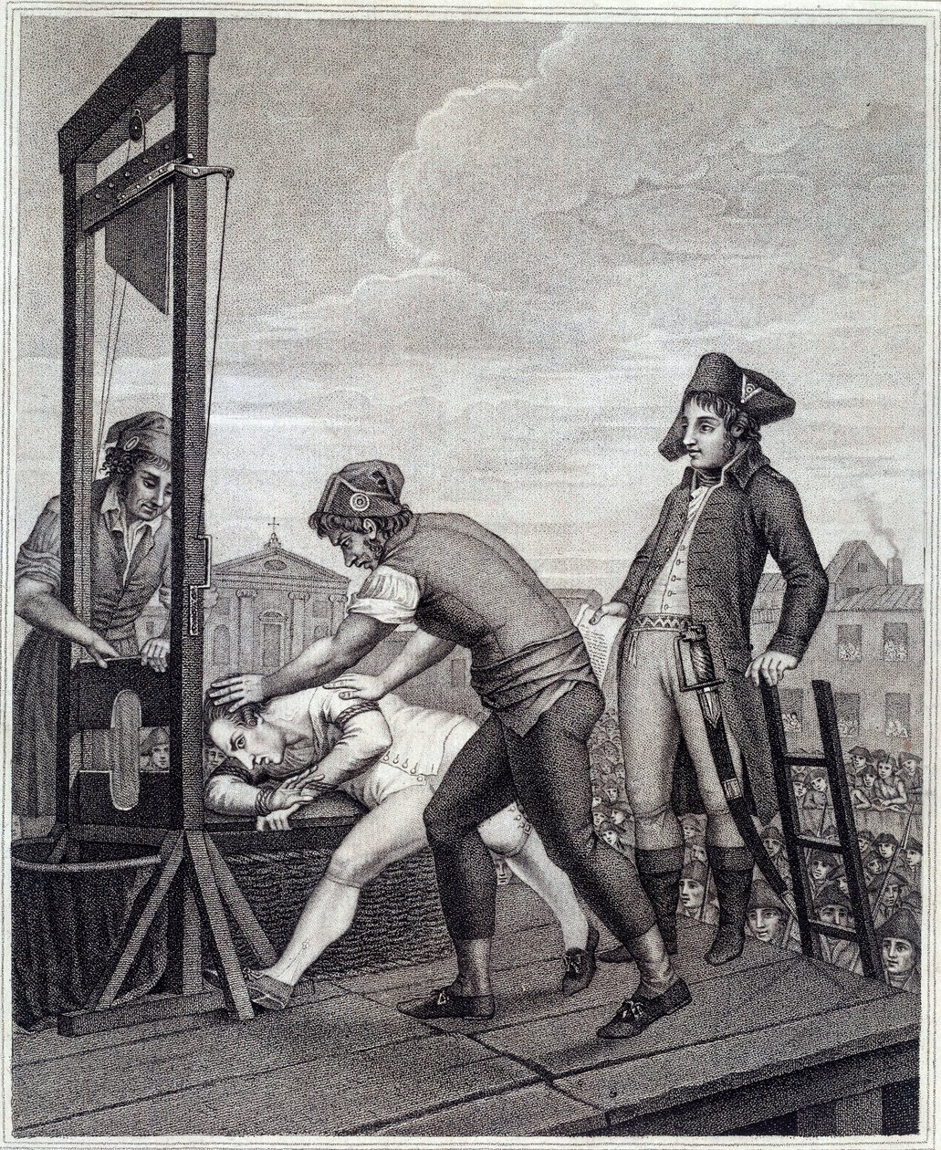 Avrättningen av Maximilian de Robespierre (1758-1794) har giljotinen den 28/07/1794 på Place de la Concorde Gravyr av James Idnarpila efter J. Beys. 1799 ungefär. Paris, Musée Carnavalet av J. (after) Beys