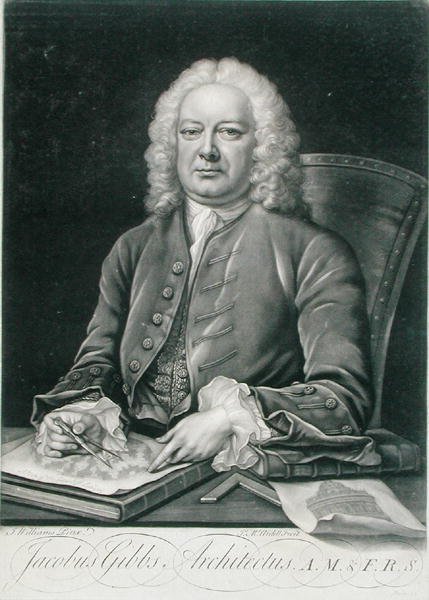 Porträtt av James Gibbs (1682-1754) graverad av James McArdell (ca 1729-65) (gravyr) av J. (after) Williams