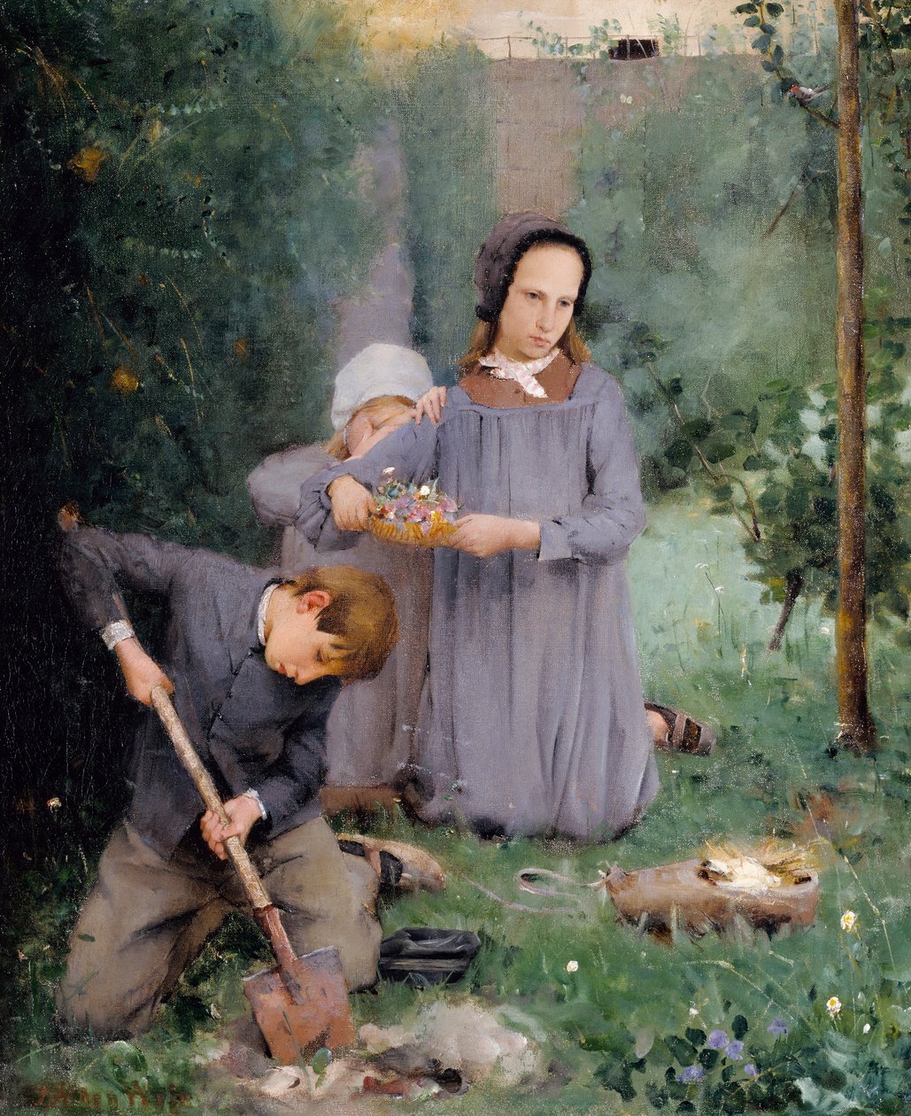 Barn begraver en fågel av J. Alden Weir