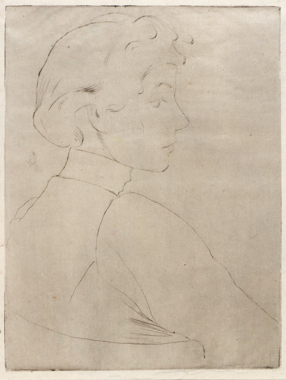 Stort huvud i profil av J. Alden Weir