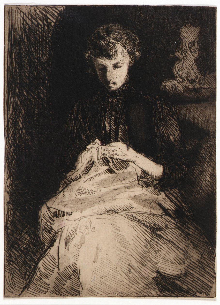 Sittande kvinna som syr av J. Alden Weir
