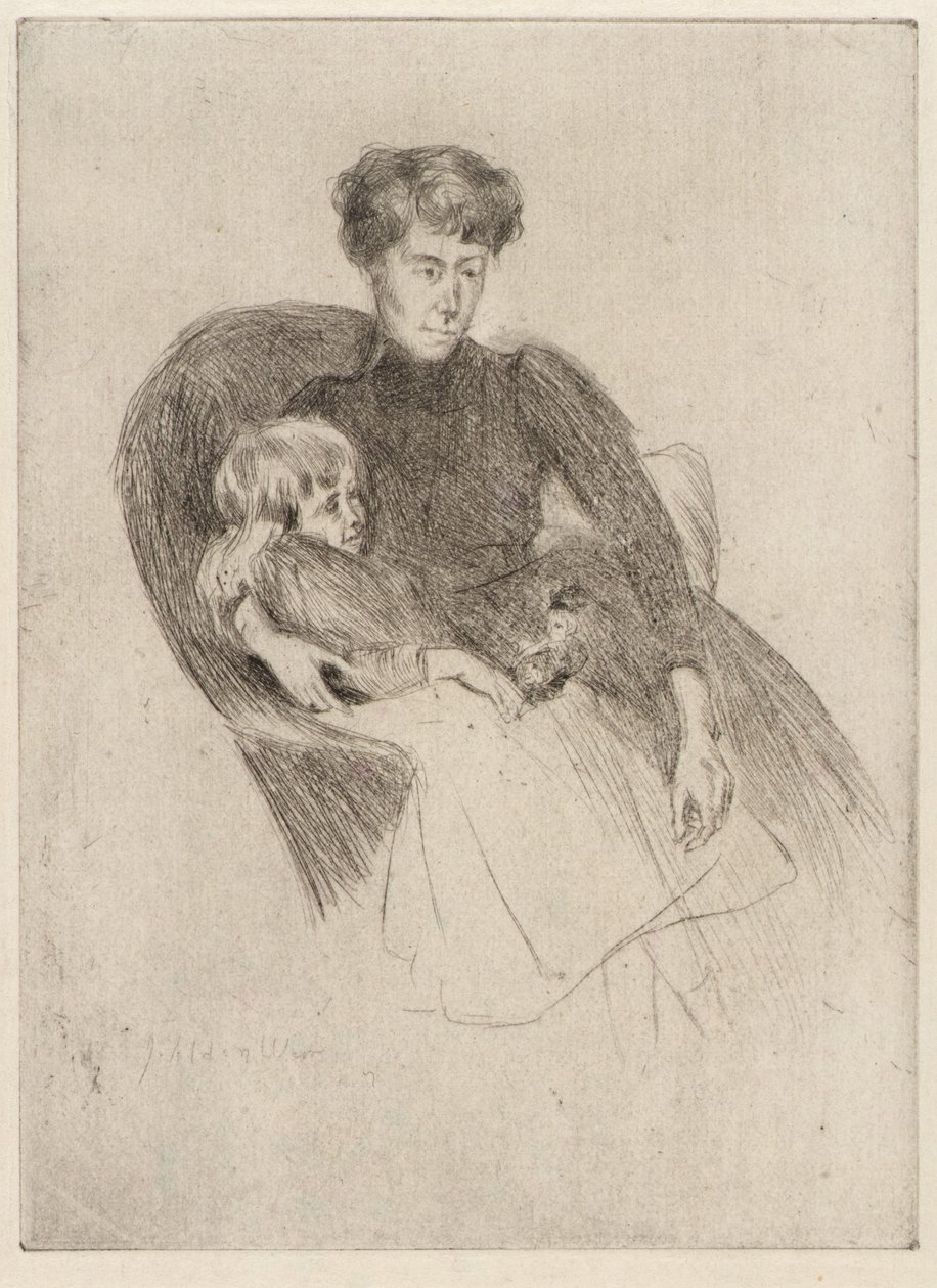 Kvinna och barn, sittande (Mor och barn med leksak) av J. Alden Weir