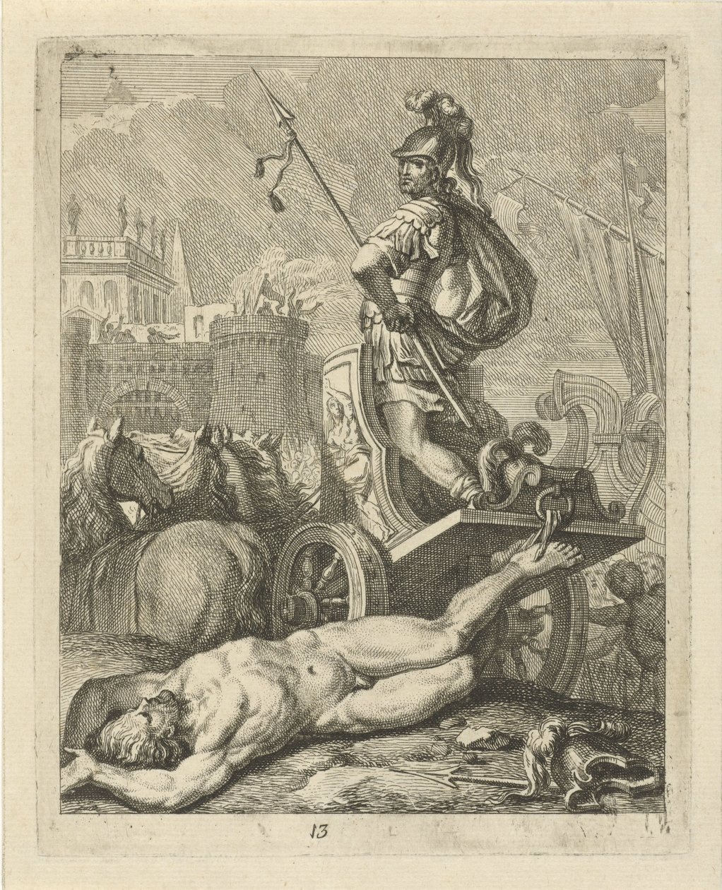 Akilles med Hectors lik bakom sin vagn Scener ur Achilles liv (serietitel) Vitam et mortem achilli (serietitel) av J. Alexander Janssens