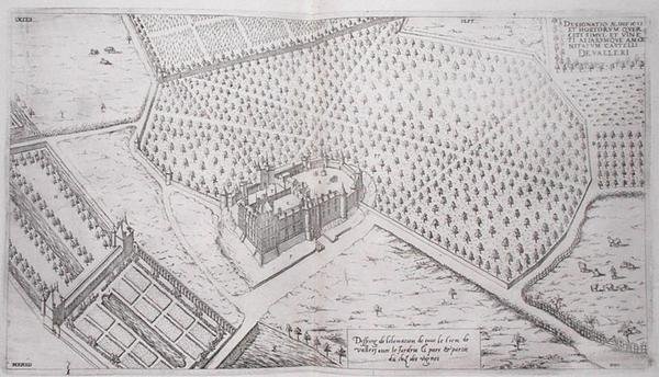 Chateau de Vallery med trädgårdar, park och en del av vingården, från 