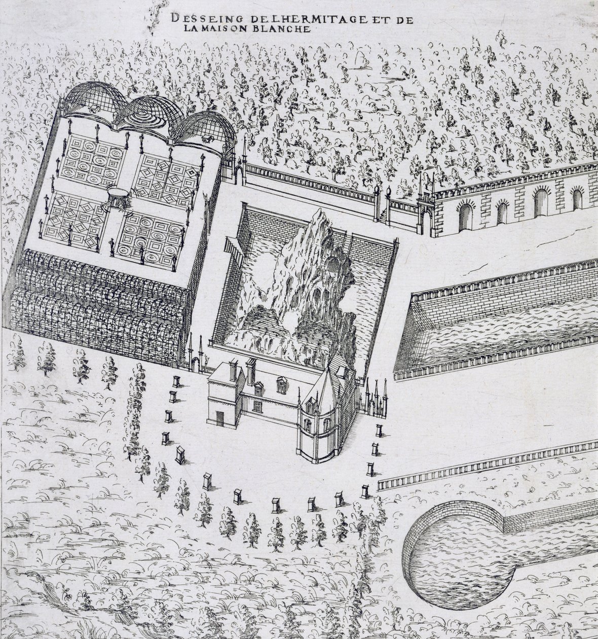Hermitage och Maison Blanc vid Chateau de Gaillon, från "Les Plus Belles Bastiments de France", publicerat på 1570-talet. av J. Androuet Ducerceau