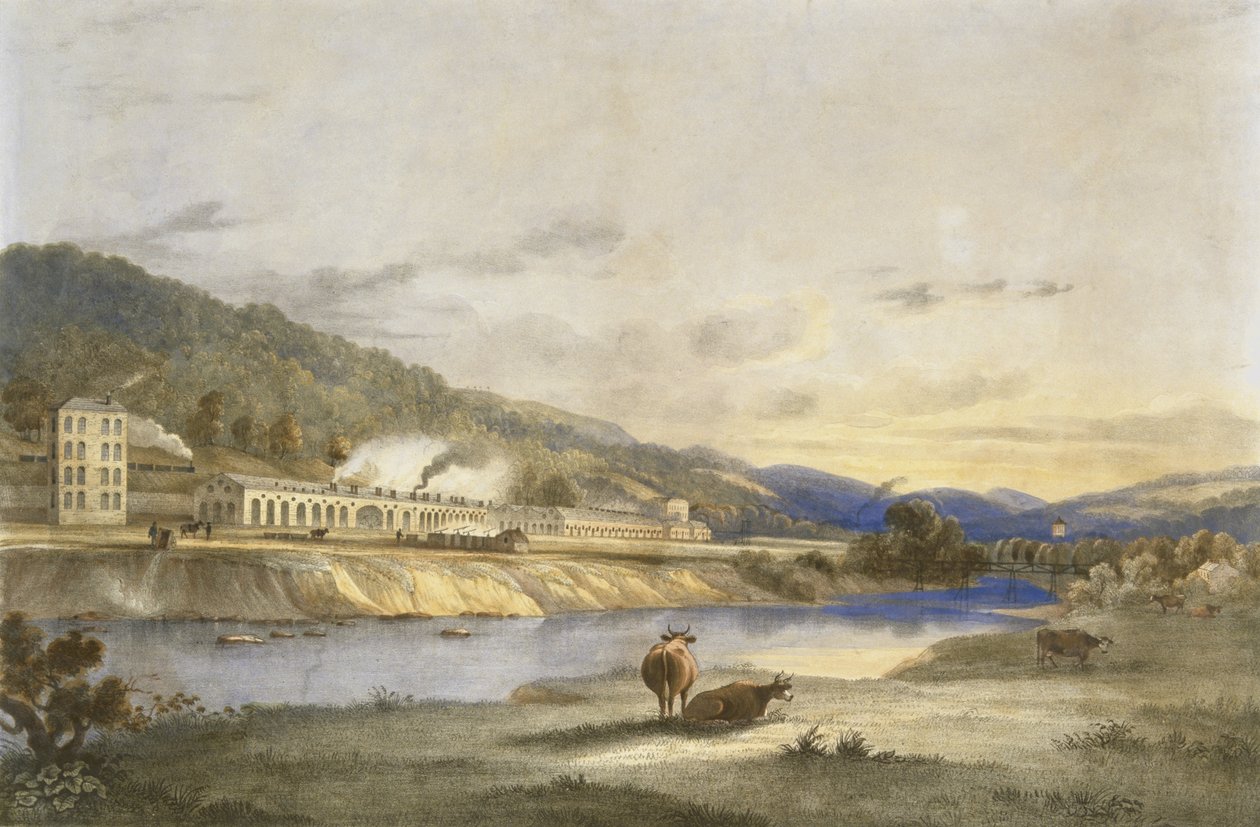 Trefforest Tin Works, Glamorganshire, ca 1840 (handkolorerad litografi på papper) av J. Appleby