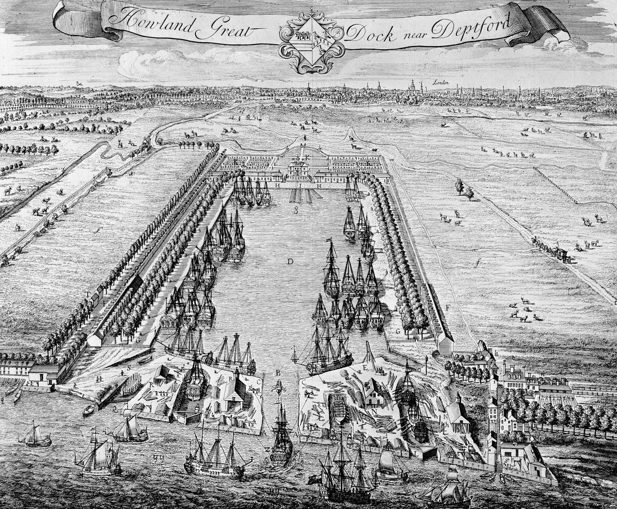 Howland Great Dock, nära Deptford, c.1715-20 av J. Badslade