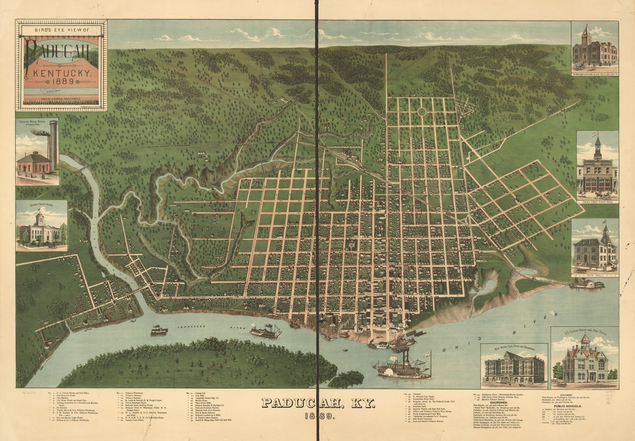 Fågelperspektiv över Paducah, Kentucky 1889. av J. Blanton; Krebs Lithographing Company Postlethwaite