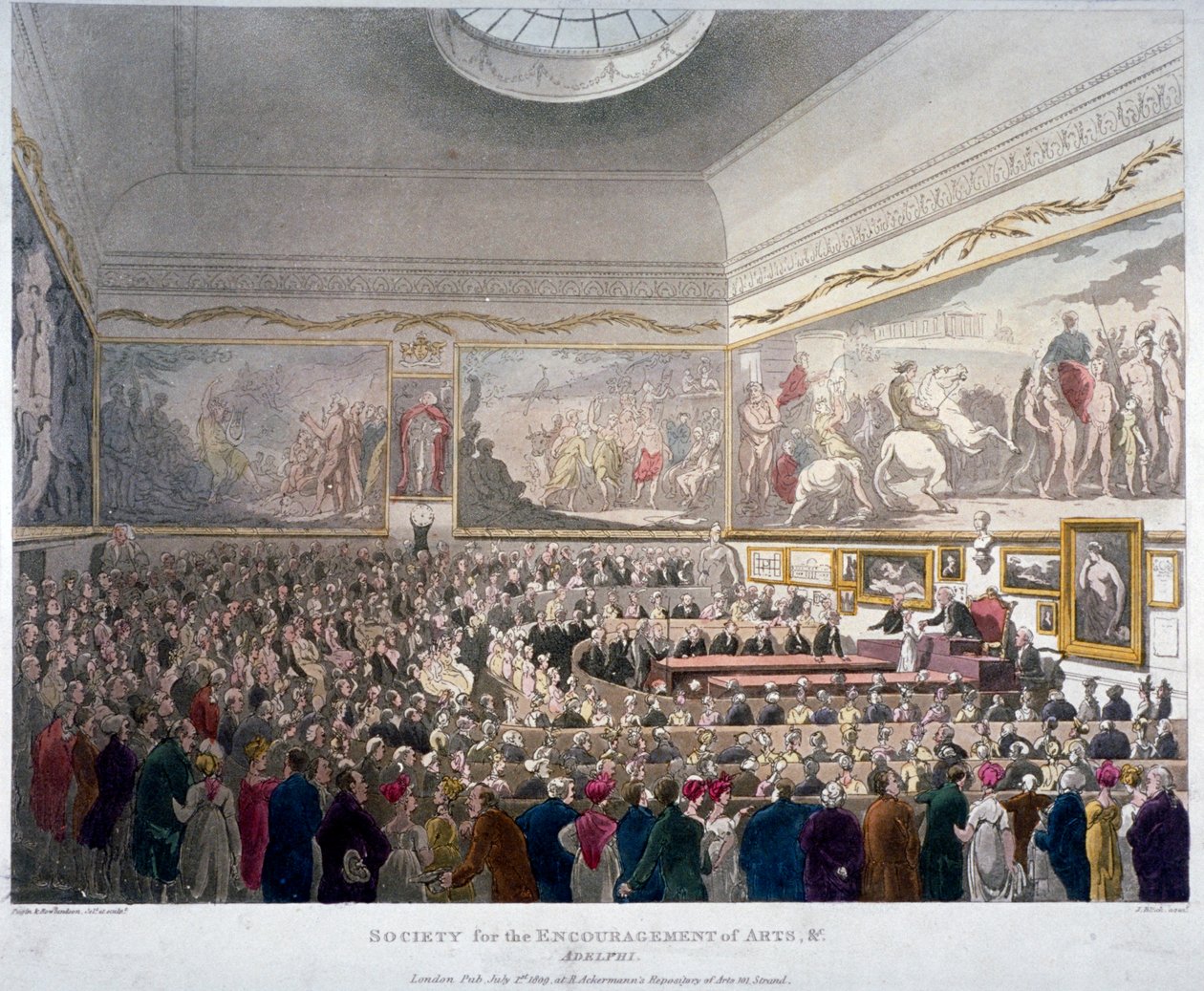 Möte för Society of Arts i Adelphi Buildings, Westminster, London, 1809 av J Bluck