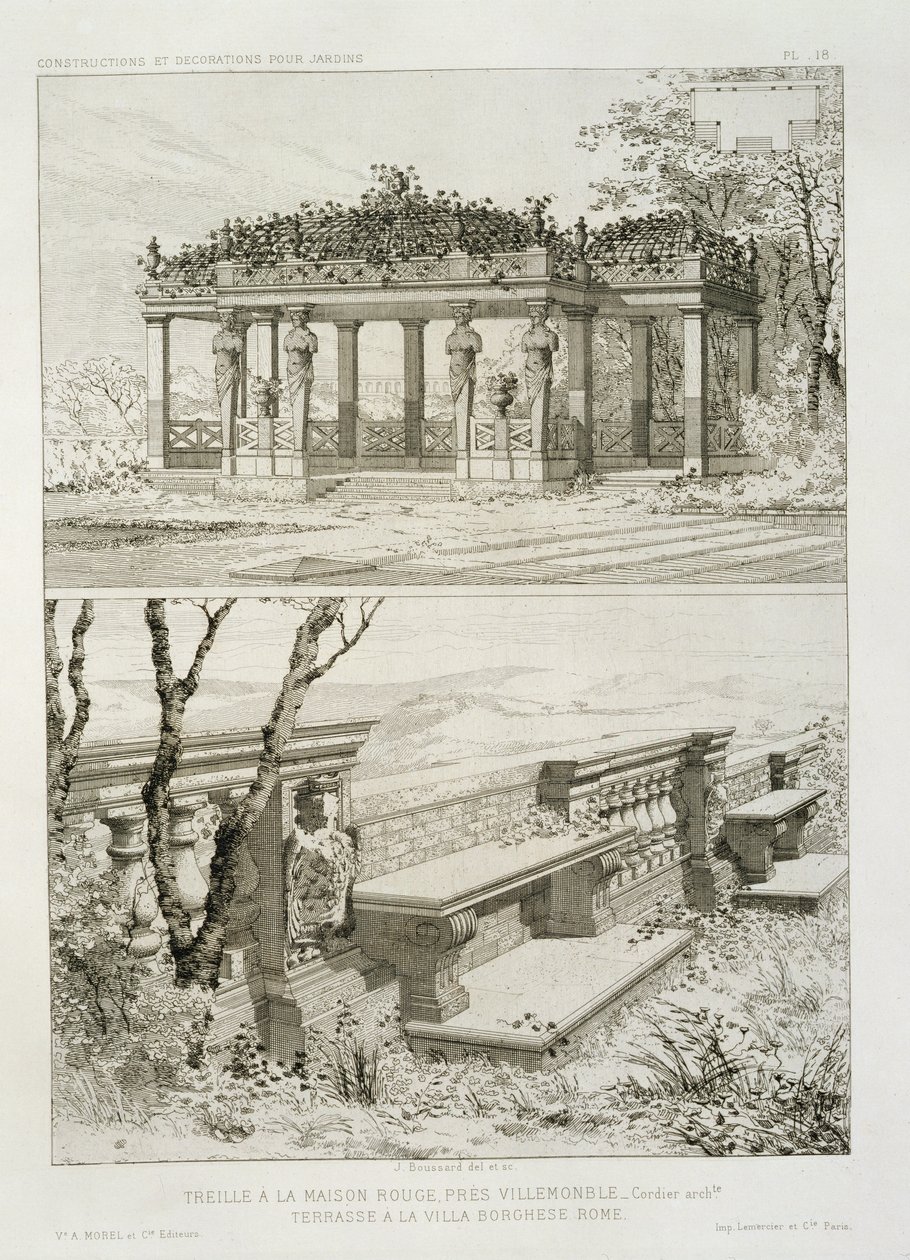 Pergola i La Maison Rouge nära Villemomble, designad av Cordier, och terrass på Villa Borghese, Rom, ca 1880 av J. Boussard