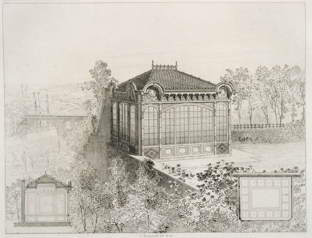 Planer och upphöjning av en trädgårdspaviljong, c.1880 av J. Boussard
