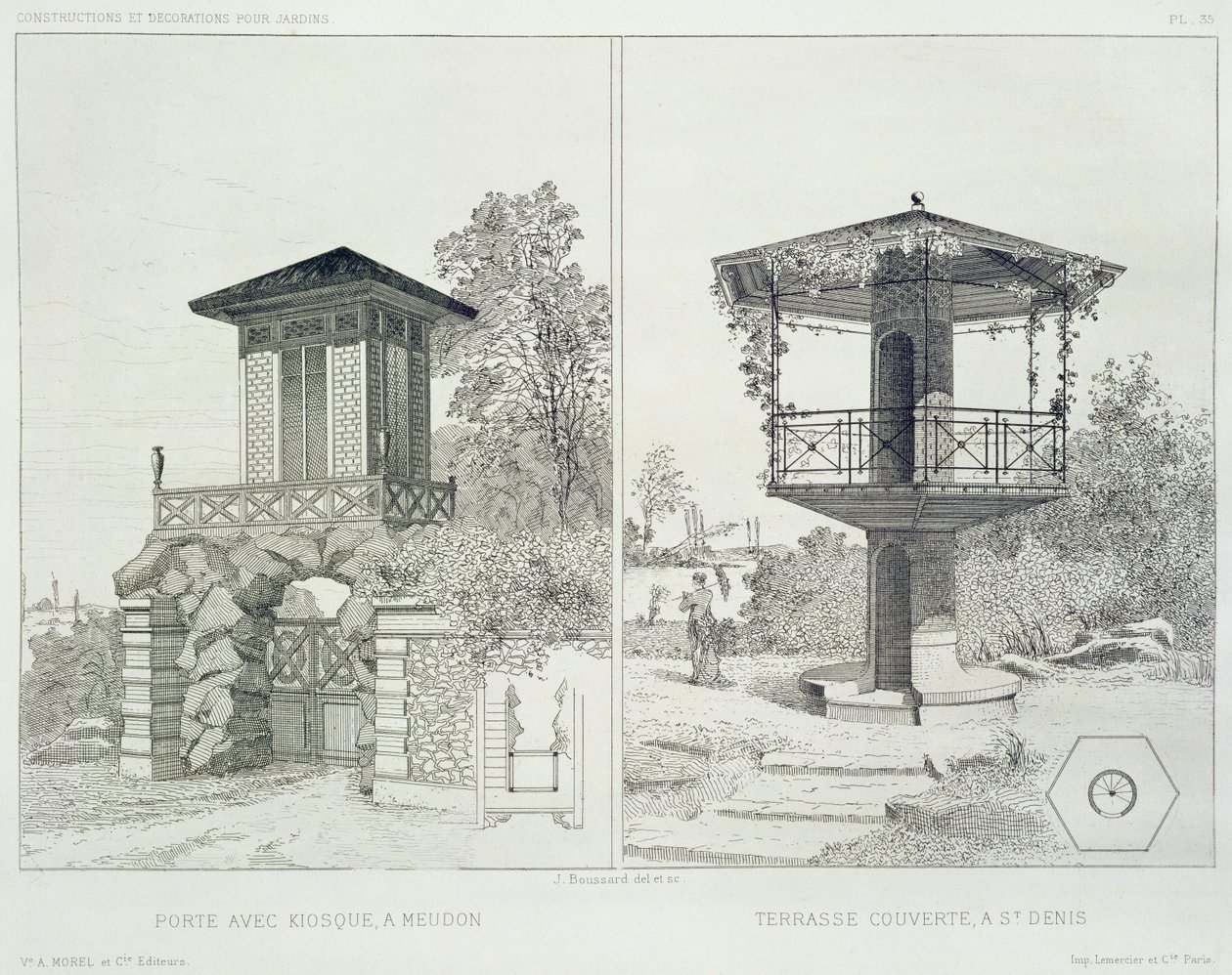 Portal med kiosk, Meudon och täckt terrass, St. Denis, från en mängd mönster av olika arkitekter, pub. Morel & Cie, Paris, ca 1880 (etsning) av J. Boussard