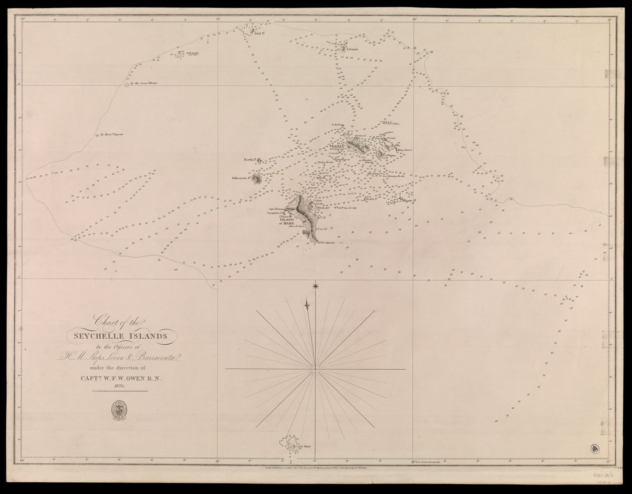 Karta över Seychellerna av officerarna på H.M.-fartygen Leven och Barracouta under ledning av kapten W.F.W. Owen R.N. 1825 av J. & C. Walker