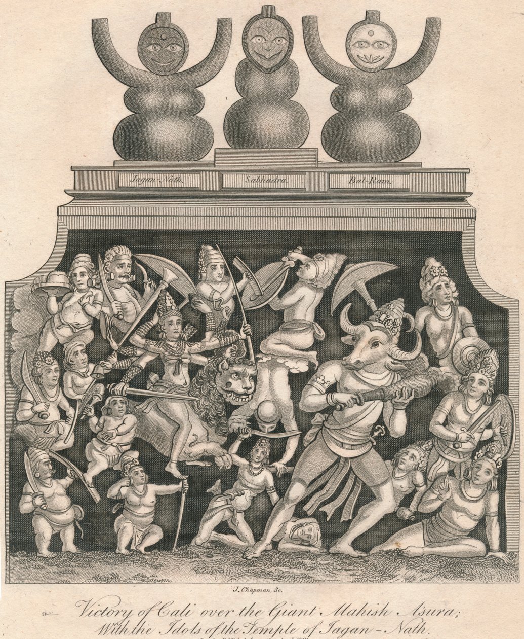 Calis seger över jätten Mahishasura, med idolerna från Jagannathtemplet, 1809. av J. Chapman