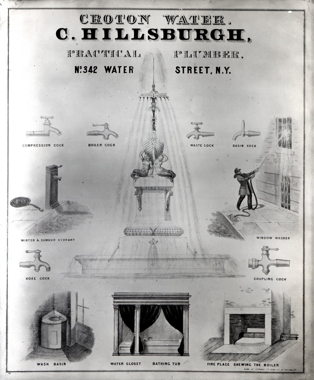 Croton vatten. C. Hillsburgh, praktisk rörmokare, nr. 342 Water Street, New York, 1840-talet av J. Childs