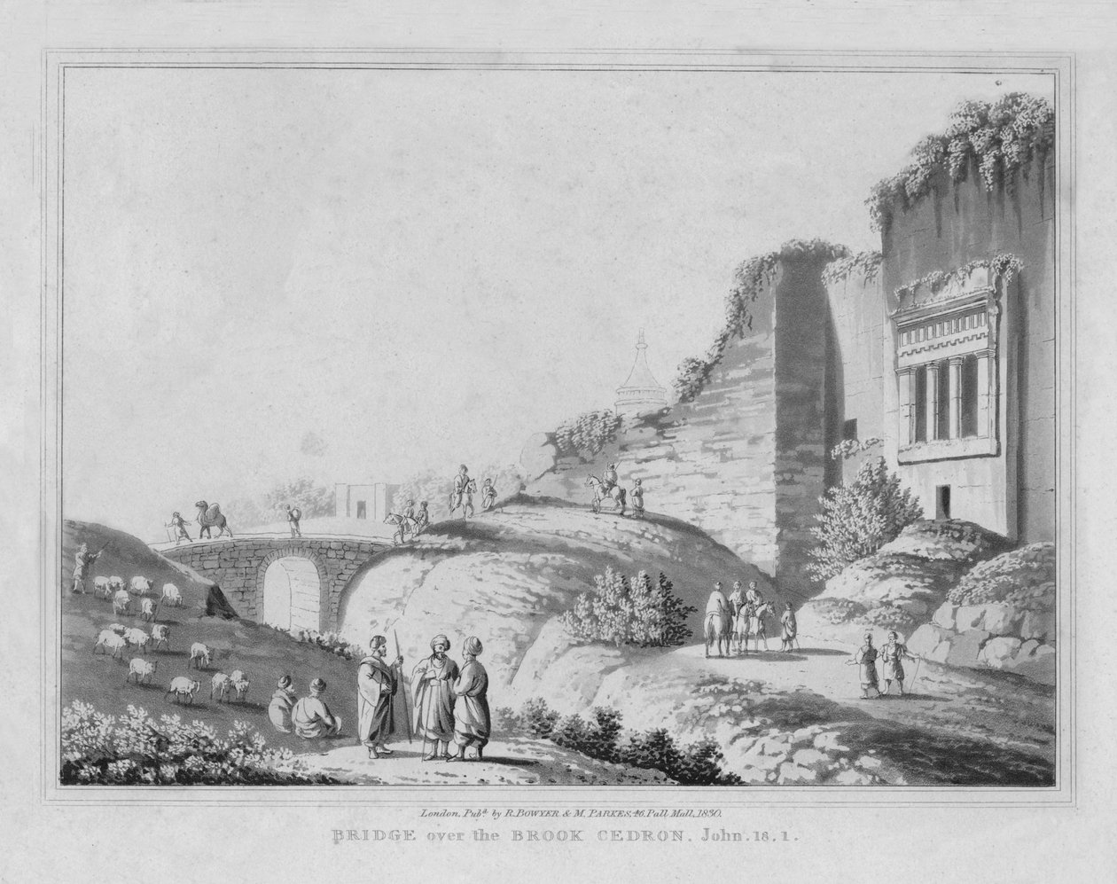 Bro över Brook Cedron. John, 18.1, 1830 av J. Clarke
