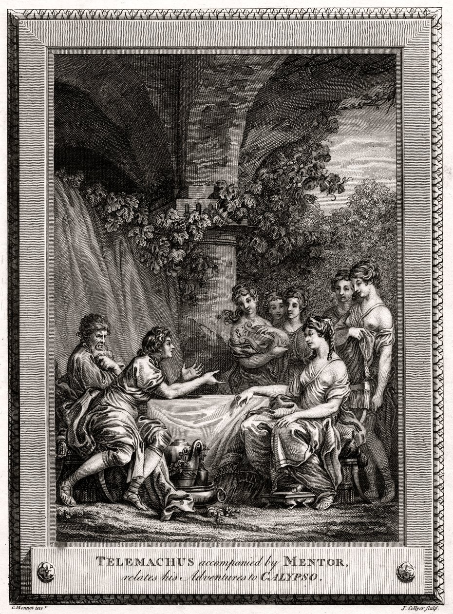 Telemachus tillsammans med mentor berättar om sina äventyr till Calypso, 1774 av J. Collyer