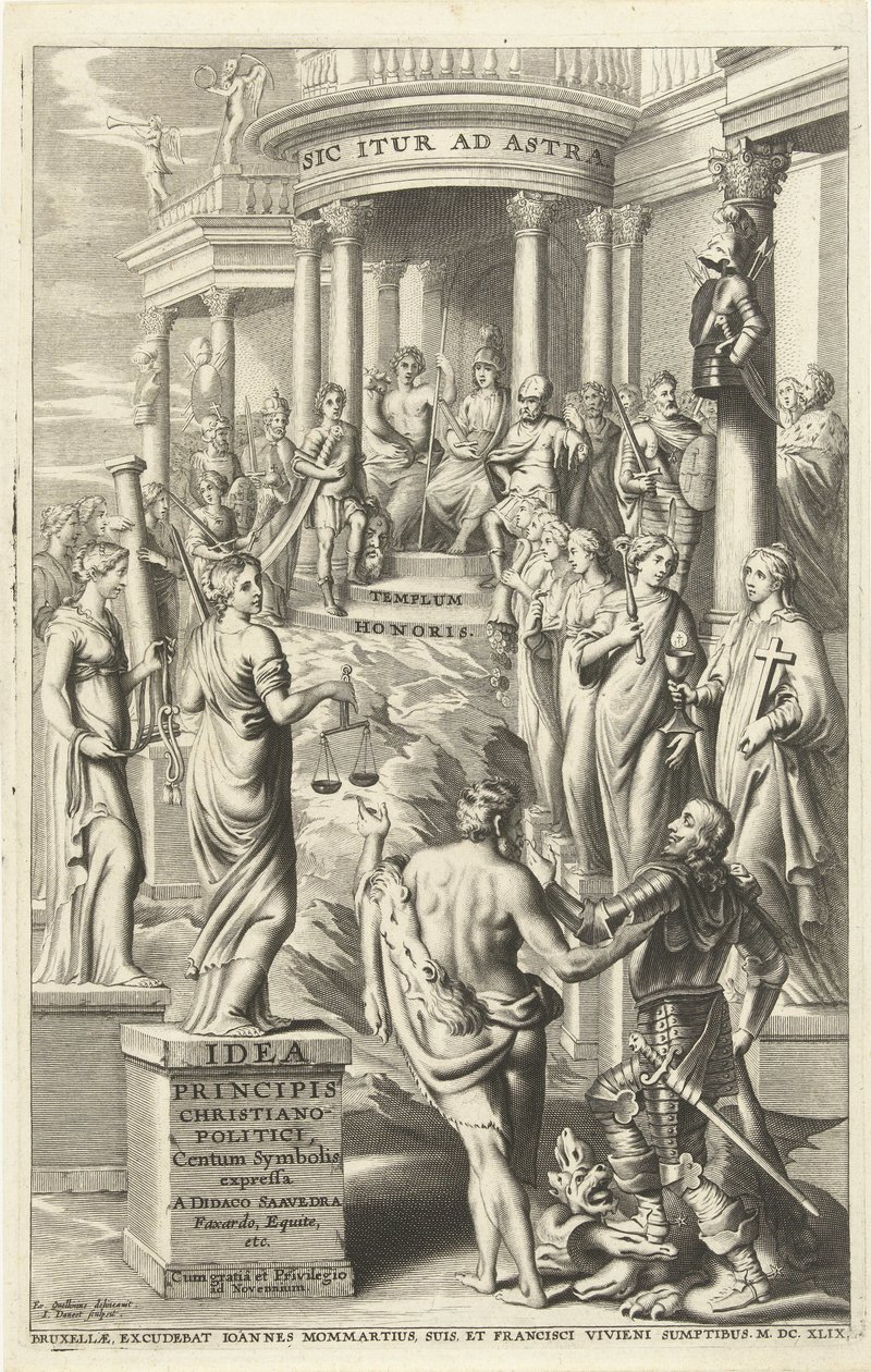 Herkules leder människan förbi personifieringar av dygder till tempel för evig berömmelse Titelsida för: Idea principis christiano-politica, Centum Symbolis expressa, Bryssel 1649 (titel på objekt) av J. Danoot