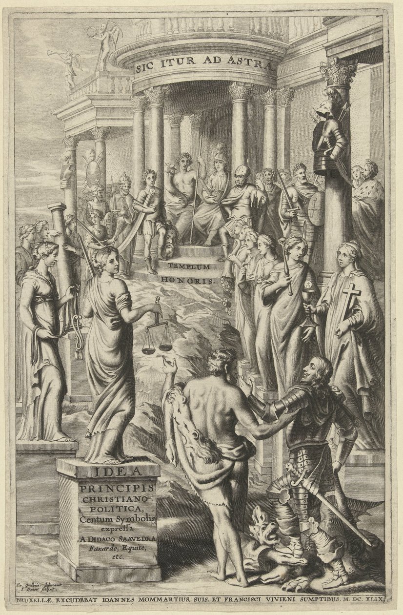 Herkules leder människan förbi personifieringar av dygder till tempel för evig berömmelse Titelsida för: Idea principis christiano-politica, Centum Symbolis expressa, Bryssel 1649 av J. Danoot