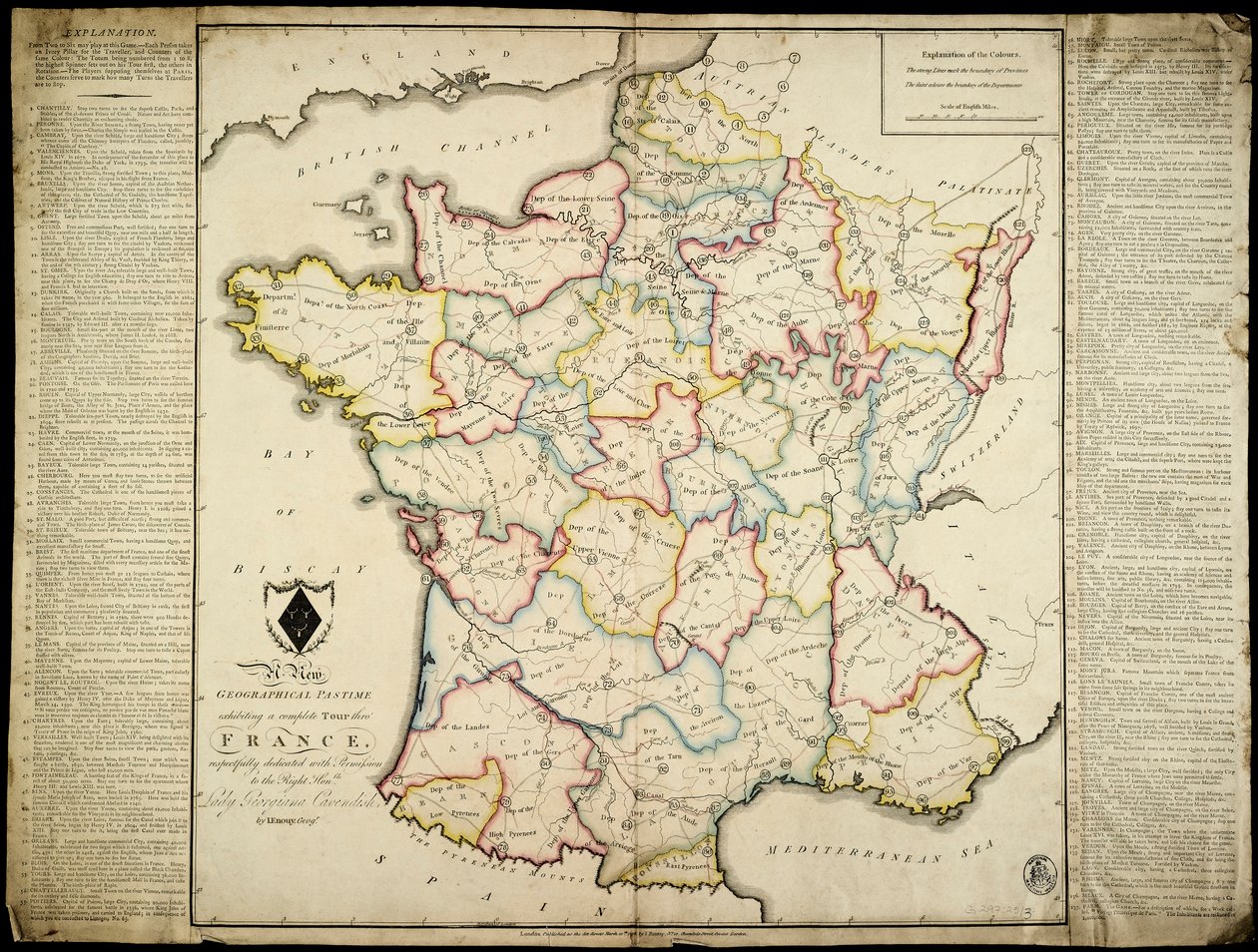 Ett nytt geografiskt tidsfördriv som visar en komplett resa genom Frankrike respektfullt tillägnad med tillstånd till den mycket ärade Lady Georgiana Cavendish av J. Enouy