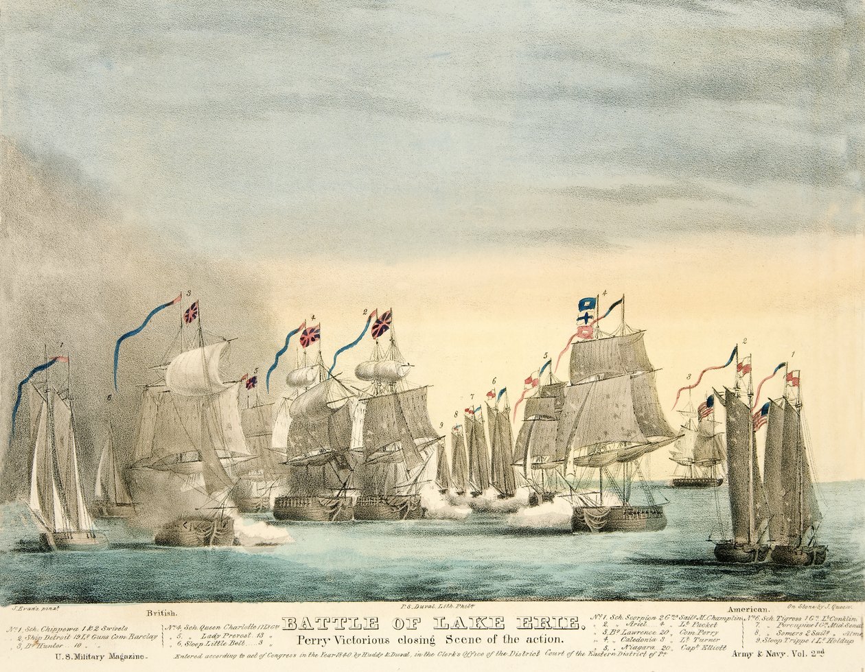 Slaget vid Lake Erie. Perry Victorious avslutningsscen av Action från Army and Navy Magazine, pub. 1840 (färgad gravyr) av J. Evans