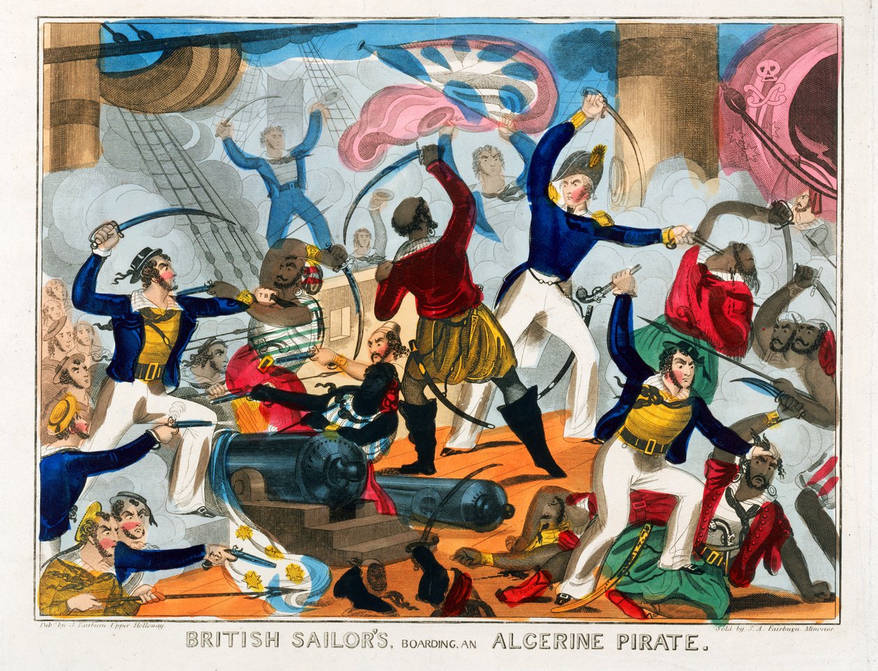 Brittiska sjömän ombord på ett algeriskt piratskepp (kolorerad gravyr) av J. Fairburn