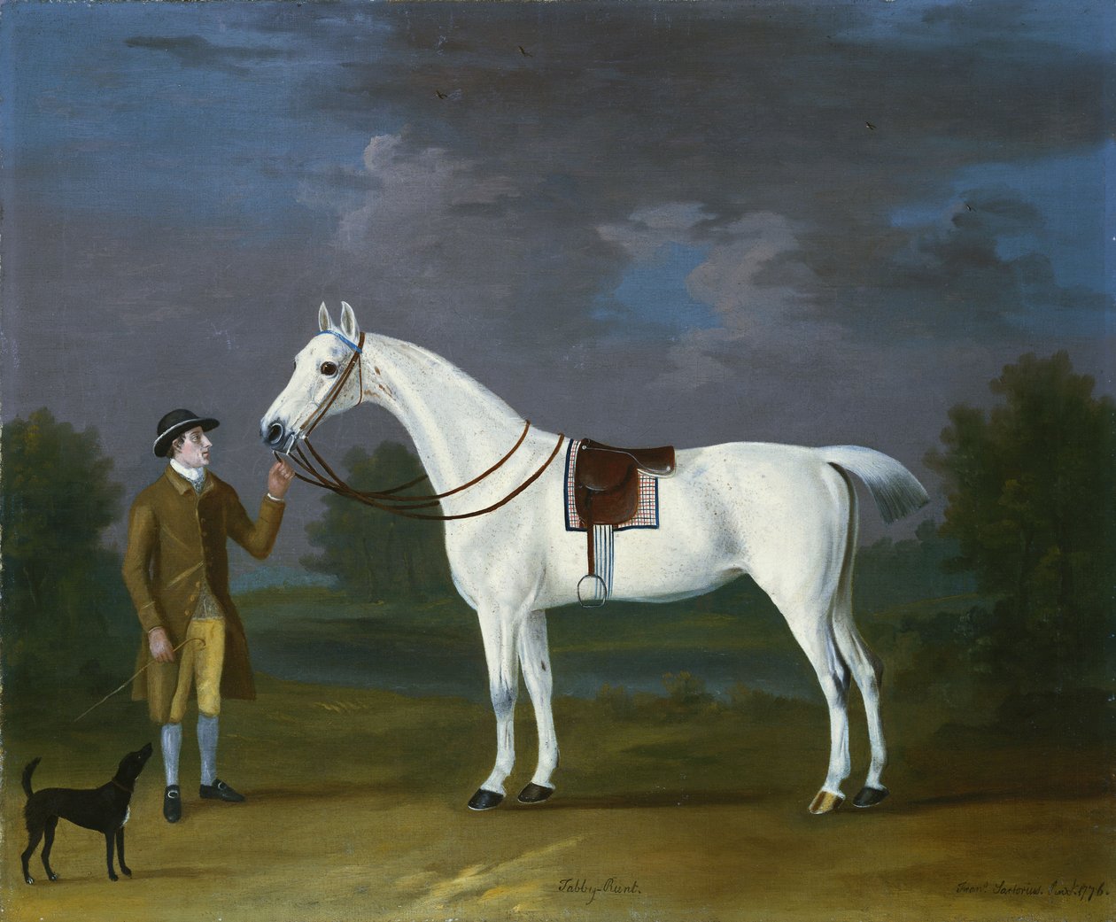 Tabby Runt", en grå jägare med sin ägare och en terrier i ett flodlandskap, 1776 av J. Francis Sartorius