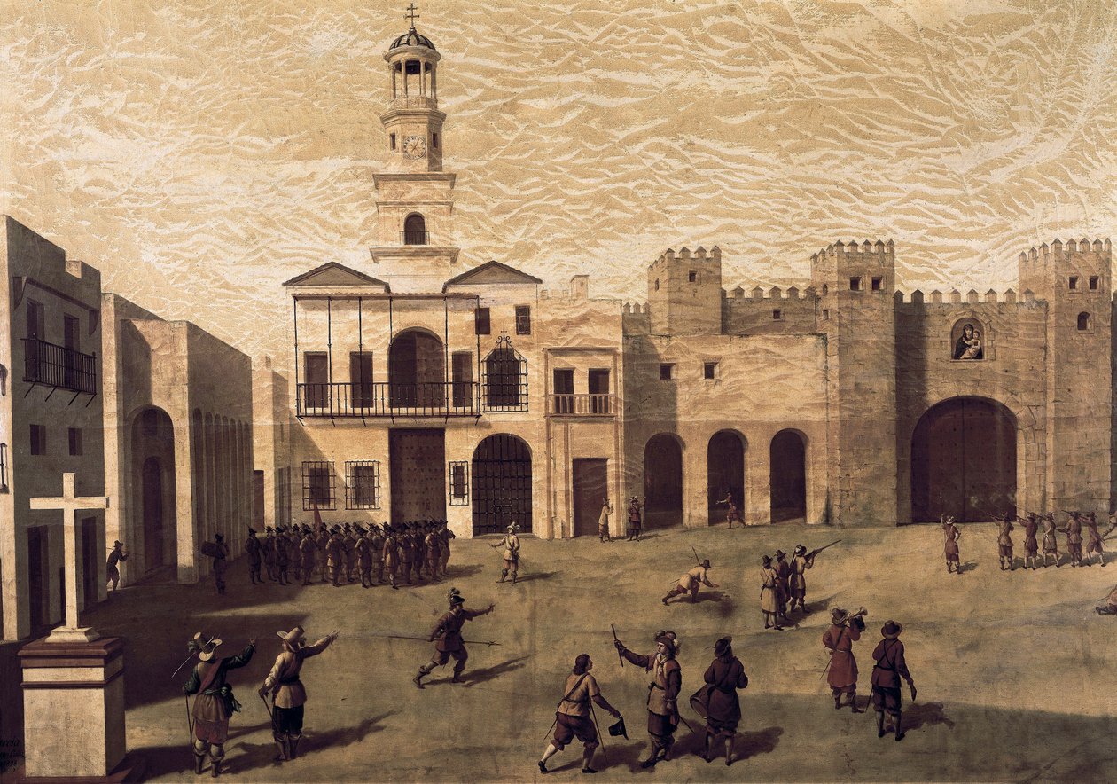 Utsikt över San Juan de Dios-torget (Saint John of God) och stadshuset i Cádiz, 1596. Målning av J.Garcia (16:e). Olja på duk av J. Garcia