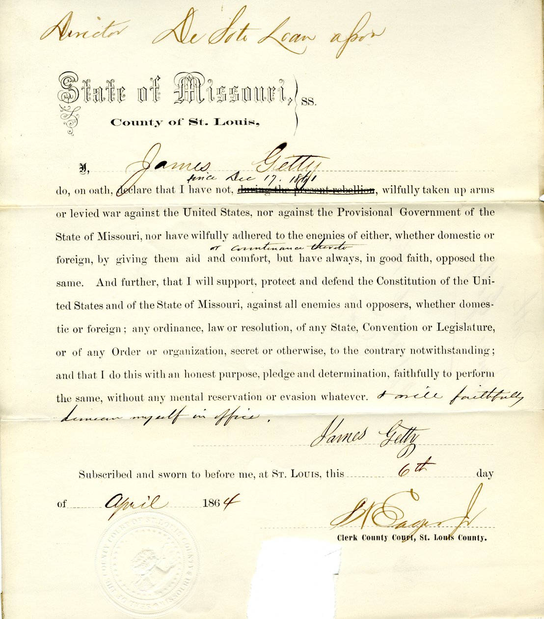 Loyalty oath of James Getty of Missouri, County of St. Louis av J. Getty