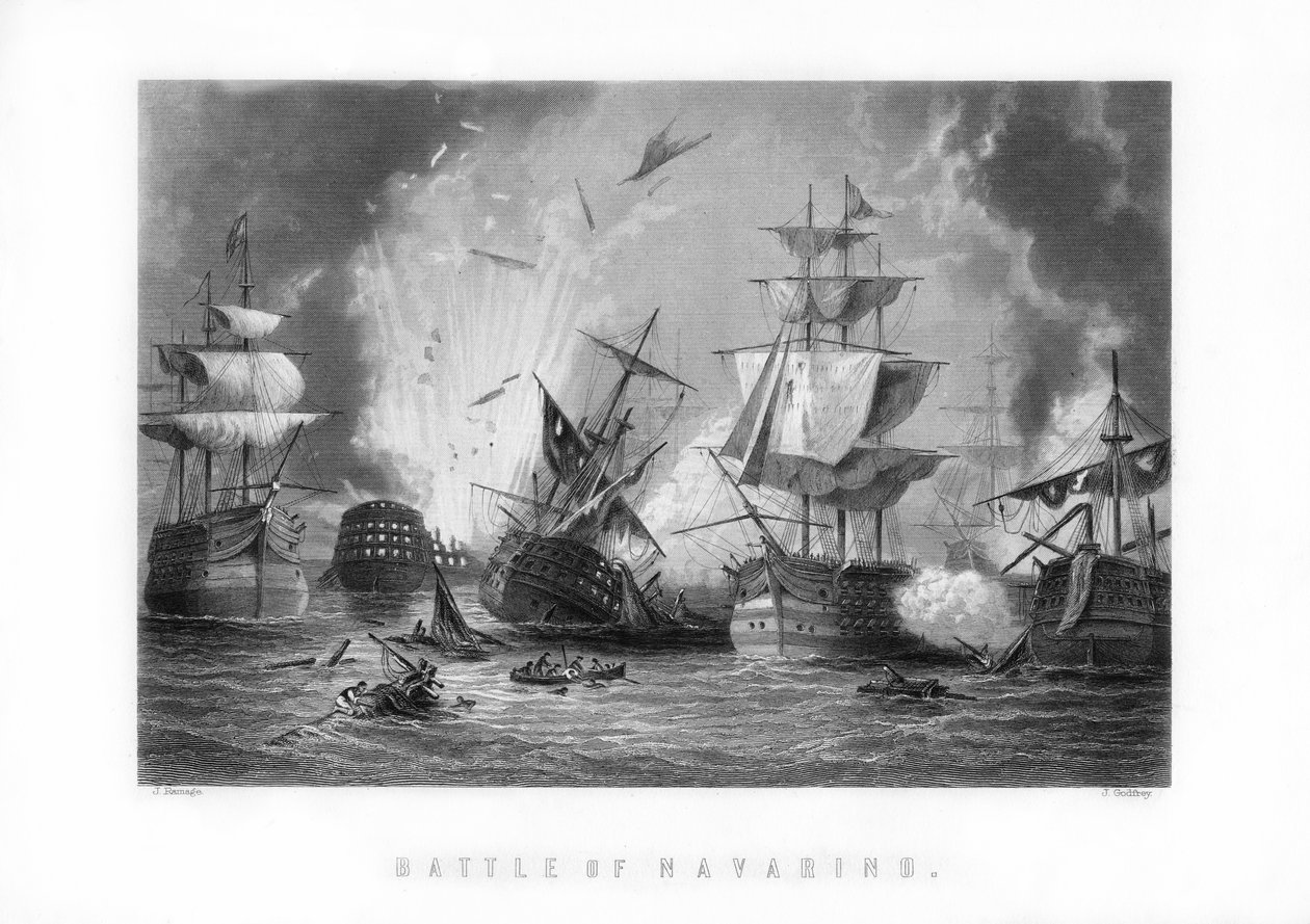 Sjöslaget vid Navarino, 20 oktober 1827, 1893. av J. Godfrey