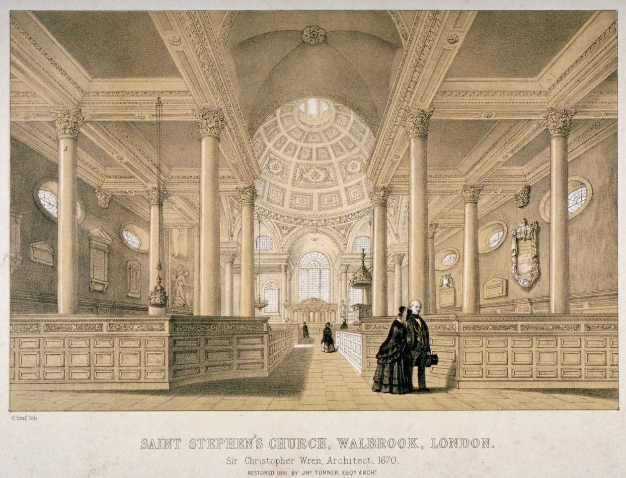 Interiörvy österut, Church of St Stephen Walbrook, City of London, 1851 av J Graf