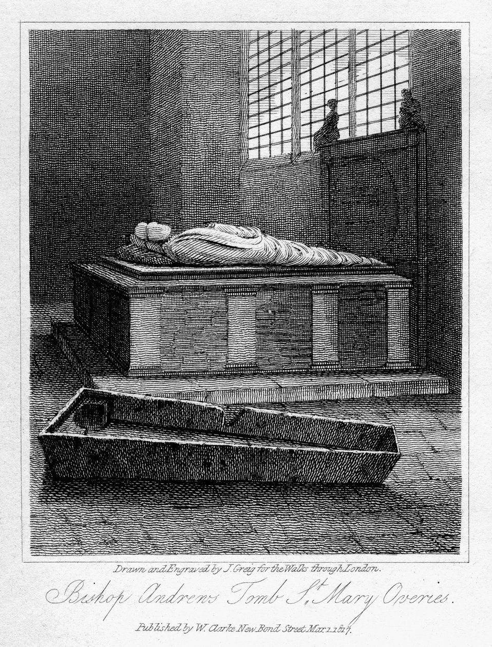 Biskop Andrews grav, St Mary Overies Church, Southwark, London, 1817. av J. Greig