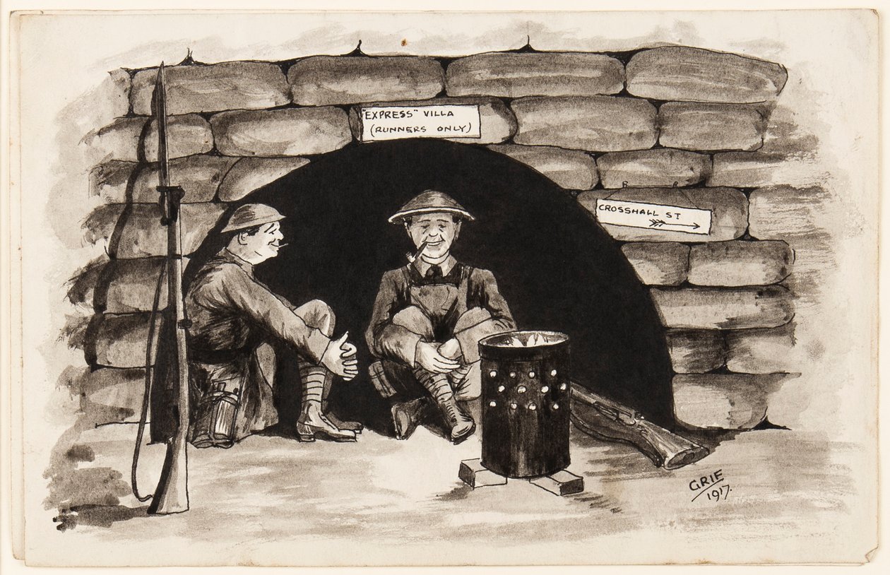 Express Villa (endast löpare): A Warm Corner i Frankrike, 1917 (penna, pensel och bläck på papper) av J. Griffiths