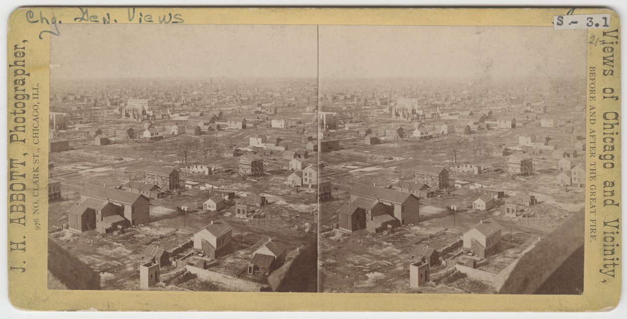 Stereograf av utsikt nordnordväst från vattentornet efter branden i Chicago 1871, 1871 (bw-foto på kortfäste) av J. H. Abbott