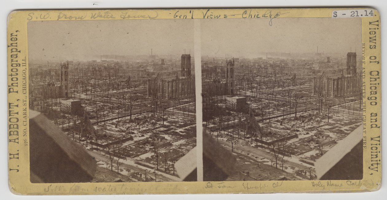 Stereograf av vy sydväst från Water Tower efter branden i Chicago 1871 av J. H. Abbott