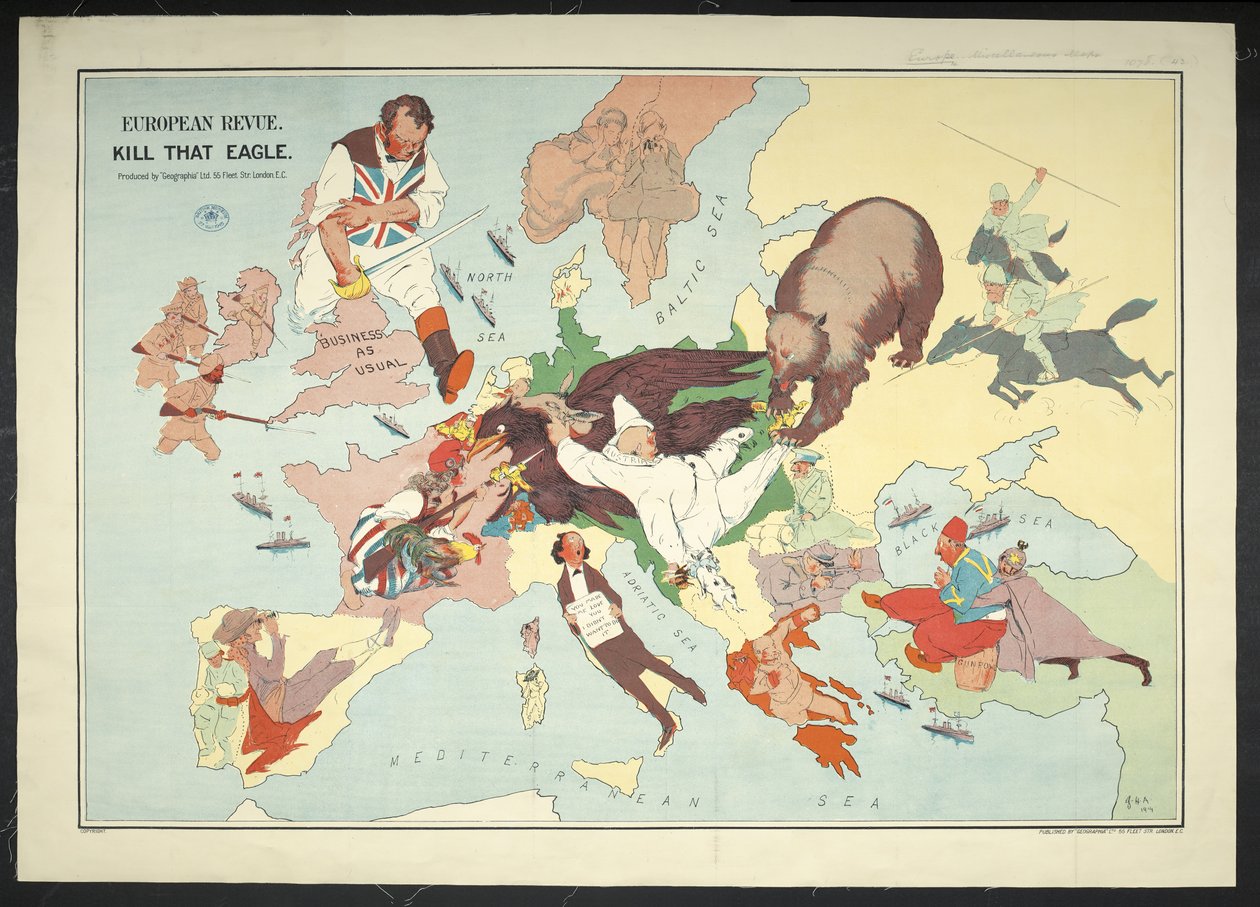 Tecknad karta över det europeiska krigsområdet med titeln "European Revue Kill that Eagle" av J. H. Amschewitz