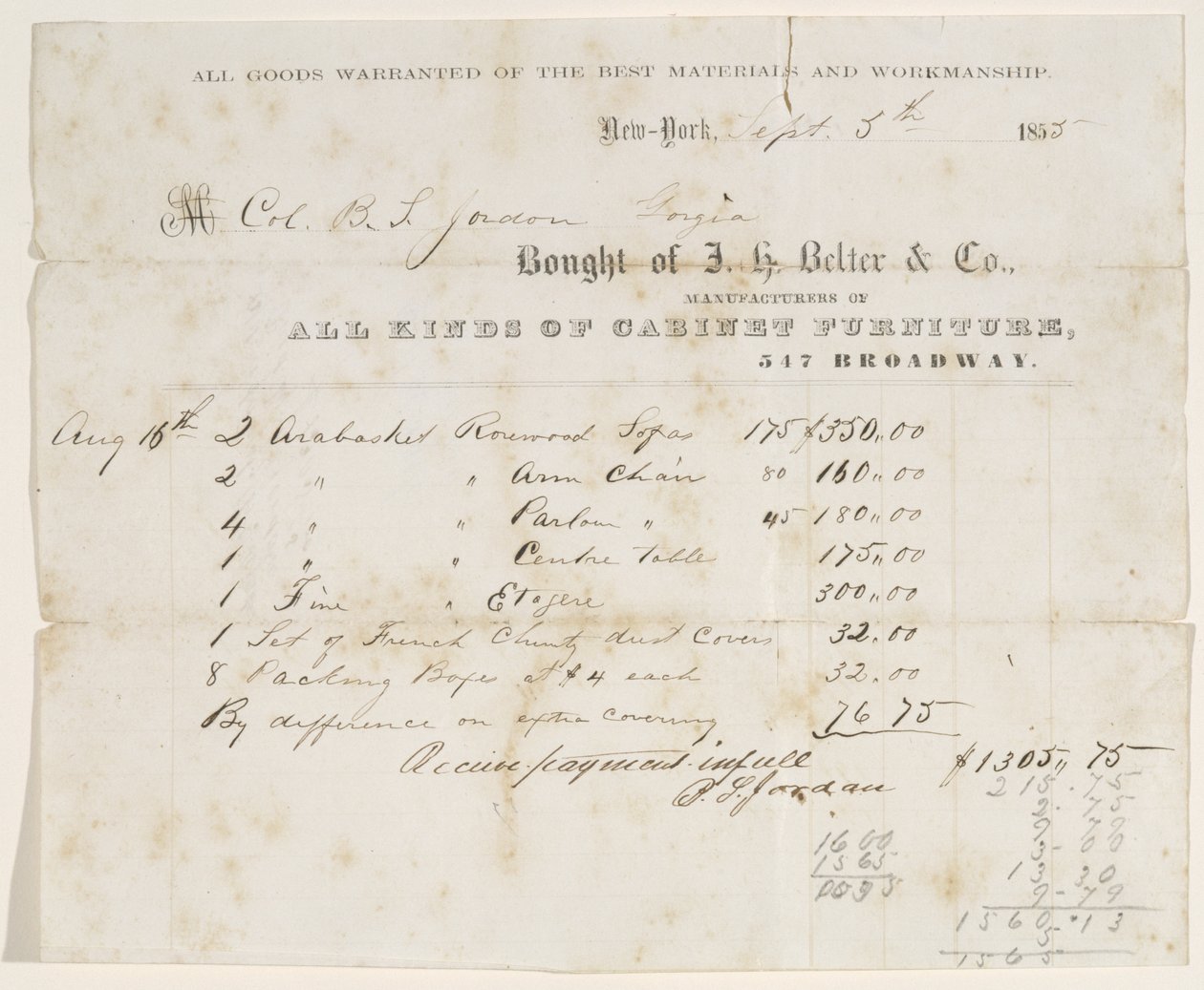 Försäljningsbrev till överste B. S. Jordan, 5 september 1855 (bläck på papper) av J. H. Belter and Co. J. H. Belter and Co.