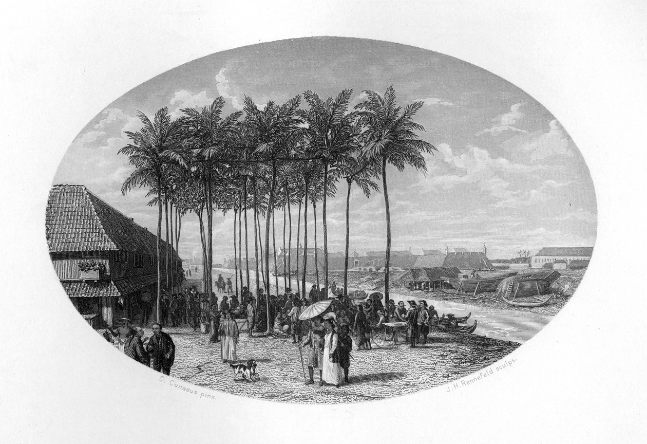 Stiftelsen av Batavia, Java, Nederländska Ostindien, 1619, c1870. av J. H. Rennefeld